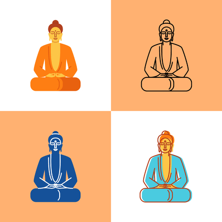 Meditating Buddha icon set in flat and line stylesのイラスト素材