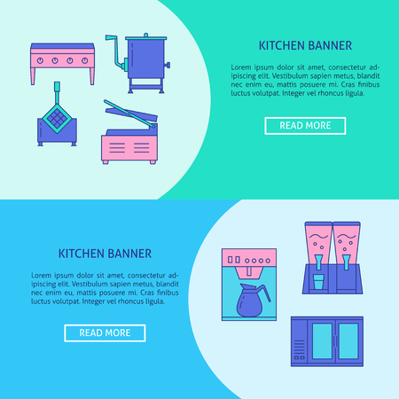 Professional kitchen concept flyer templates in line style with place for text. Cafe and catering appliances symbols. Vector illustration.のイラスト素材