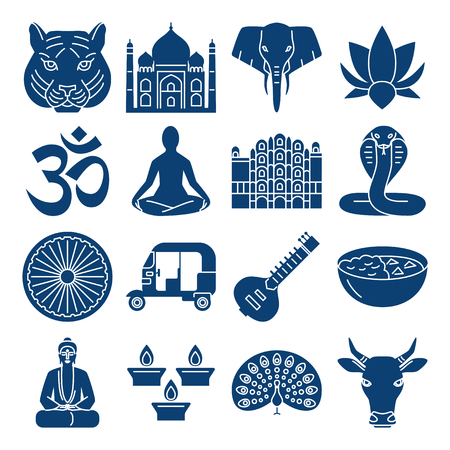 India national symbols, silhouette icons set in flat styleのイラスト素材