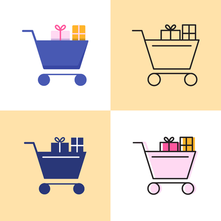 Shopping cart with presents icon set in flat and line styles. Holiday gifts shopping symbol. Vector illustration.のイラスト素材