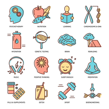 Biohacking icons set in colored line style. Health improvement concept symbols. Vector illustration.のイラスト素材