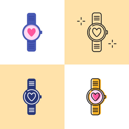 Smart watch with heart icon set in flat and line styles. Pulsometer with a heartbeat symbol. Vector illustration.のイラスト素材