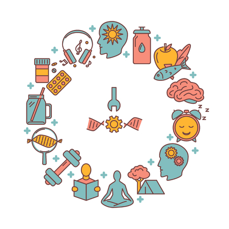 Biohacking round concept banner with icons in colored line style. Health improvement theme poster. Vector illustration.のイラスト素材