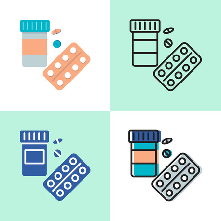 Medical pills bottle icon set in flat and line styleのイラスト素材