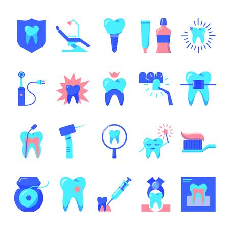 Stomatology and teeth care icon set in flat styleのイラスト素材