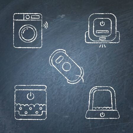 Chalkboard house gadgets and pet care icon set. Sketch symbols on blackboard. Pet feeder, auto litter box, smart washer and robot vacuum cleaner. Vector illustration.のイラスト素材