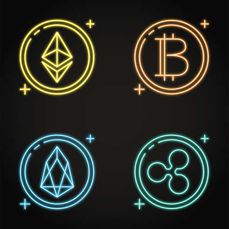 Neon cryptocurrency icon set in line styleのイラスト素材