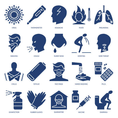 Respiratory disease symptoms icon set in flat styleのイラスト素材