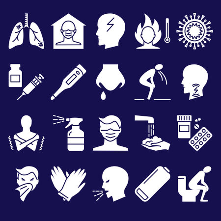 Influenza and covid symptoms icon set in flat styleのイラスト素材