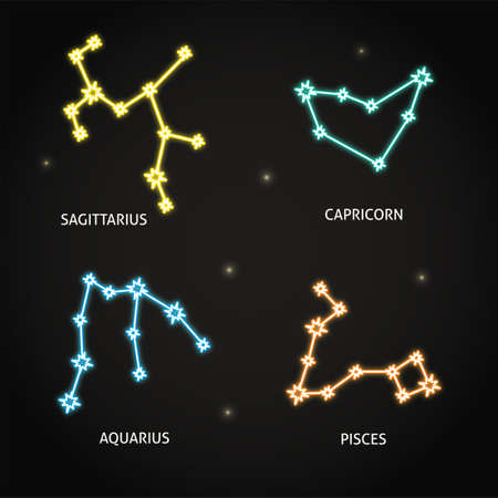 Neon zodiac constellation symbols collection on dark backgroundのイラスト素材