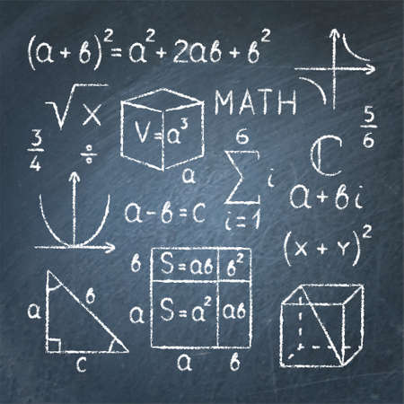 Math symbols and equations drawn on chalkboardのイラスト素材