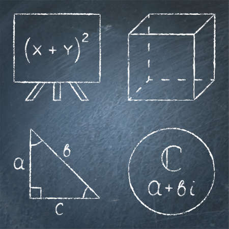 Mathematics icons set in line style on chalkboardのイラスト素材