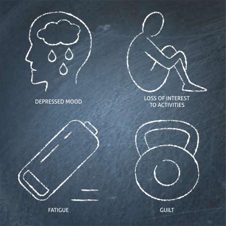 Bipolar disorder, depression phase icon set on chalkboard