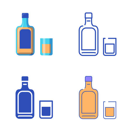 Whiskey bottle and glass icon set in flat and line styleのイラスト素材