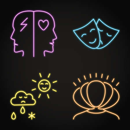 Neon mental disorders icon set in line styleのイラスト素材