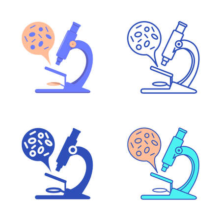 Microscope with infection sample icon set in flat and line style