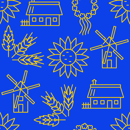 Rural seamless pattern in line styleのイラスト素材