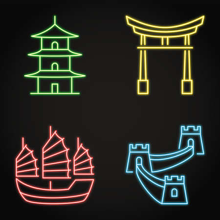 Chinese traditional symbols neon icon setのイラスト素材