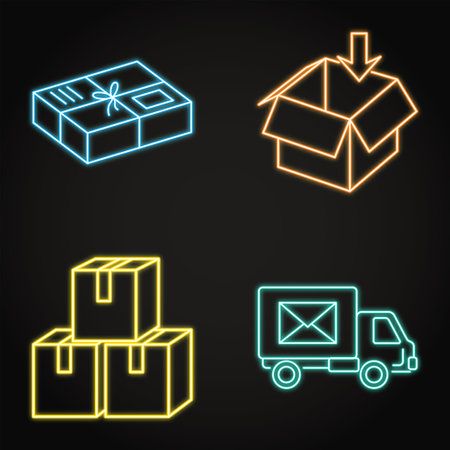 Neon parcels and delivery boxes icon setのイラスト素材