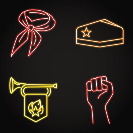USSR symbols neon icon set. Pioneer necktie and trumpet, soviet garrison cap. Vector illustration.のイラスト素材