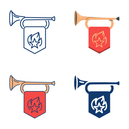Trumpet with flag icon set. Soviet pioneer bugle with flag. Vector illustration.のイラスト素材