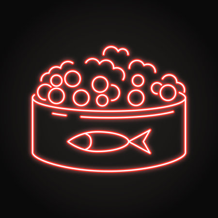 Canned red caviar neon line icon. Salmon caviar in a tin can. Vector illustration.のイラスト素材