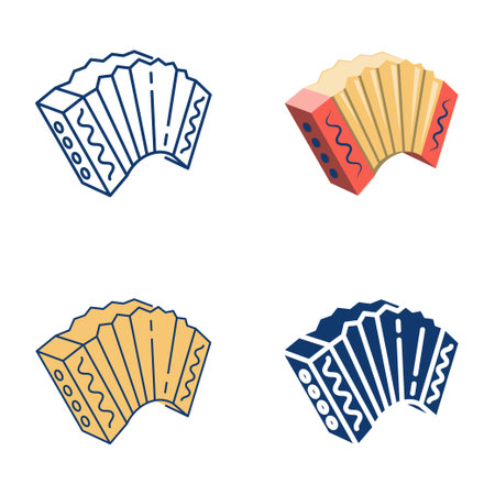 Accordion folk music instrument icon set in flat and line style. Traditional Russian bayan or harmonica symbol. Vector illustration.のイラスト素材