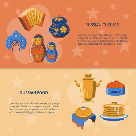 Russian culture and food banner template with place for text. Vector illustrationのイラスト素材