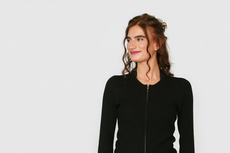 Studio portrait of thoughtful young woman looking sideways on white backgroundの写真素材