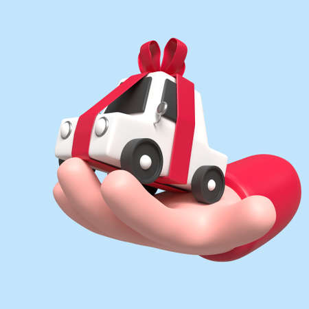3D RENDER A white car tied with a red bow. resting on a hand wearing a red shirt on a light blue background.の写真素材