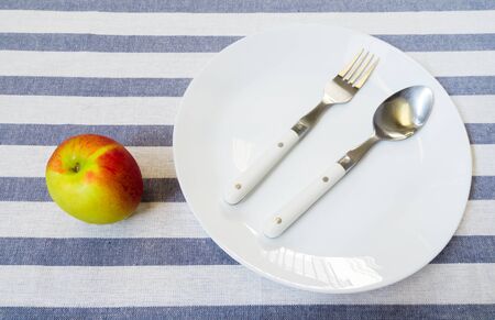White Plate with Stainless Steel Spoon and Fork Set Placed next to Red and Green Apple on Blue Backgroundの写真素材