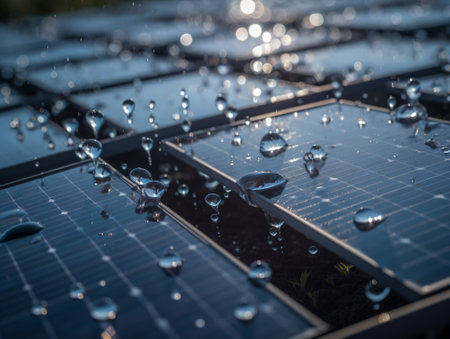 Photovoltaic modules with water drops. The concept of renewable energyの素材