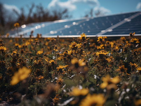 solar panels and sunflowers. alternative energy sources. selective focus.の素材