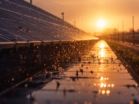 Solar panels in the rain. photovoltaic power plant.の素材