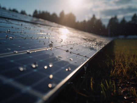 solar panels on the field with water drops in the morning sunの素材