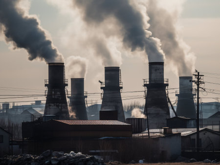 Industrial landscape with smoking chimneys of power plant, tonedの素材