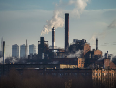 Industrial landscape with smoking chimneys on the background of the cityの素材