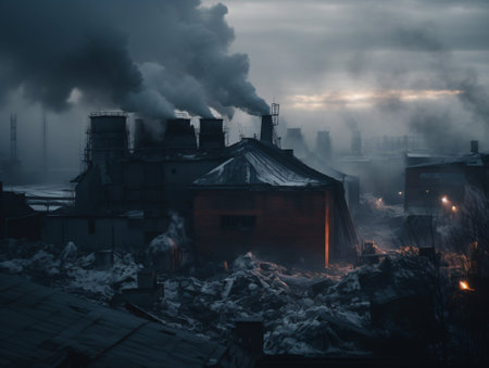 Abandoned industrial area with smoking chimneys in the evening.の素材