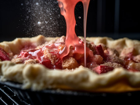 Freshly baked pie with strawberries on a black background. Toned.の素材