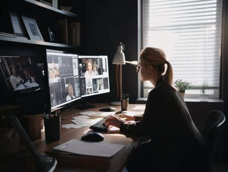 Back view of young businesswoman working on computer while sitting at desk in officeの素材