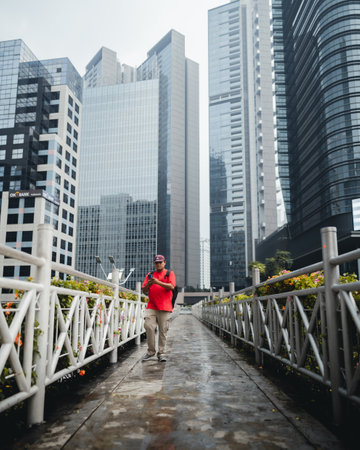 "Jakarta, Indonesia - September 2022: people with red shirt are crossing the pedestrian bridge with beautiful buildings view"のeditorial素材