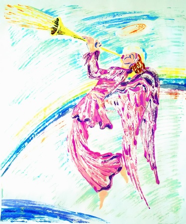 Angel with trumpet. Blowing Angel. Christmas red and gold figured Angels with stars on a white background. の写真素材