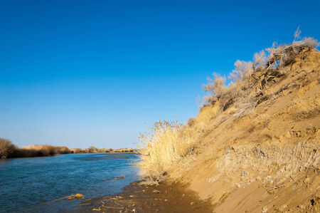 river in spring steppe. riverbank overgrown with reeds. water is pure emeraldの写真素材