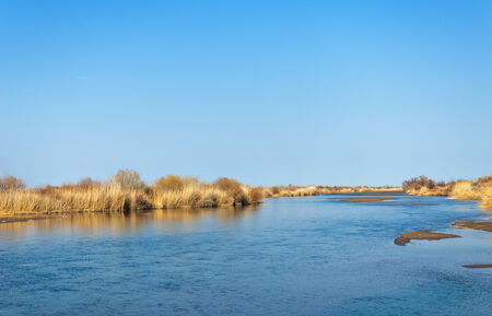 river in spring steppe. riverbank overgrown with reeds. water is pure emeraldの写真素材