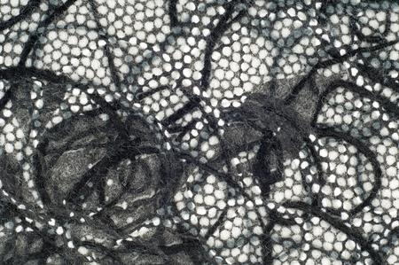 Lace on black and white fabric. a fine open fabric, typically one of cotton or silk, made by looping, twisting, or knitting thread in patterns and used especially for trimming garments.の写真素材