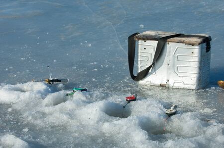 River flood fishermen. Torn river ice fishermen. River with the last ice fishermen on the ice. Russia Tatarstan Kama river in early springの写真素材