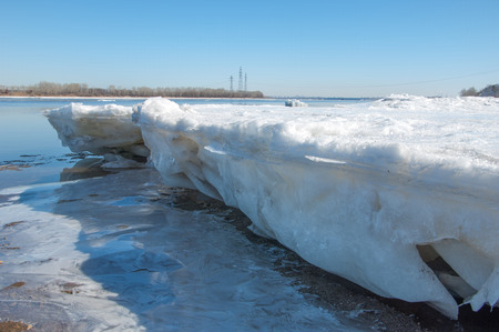 Spring flooding, ice water, Early spring on the river. Russia Tatarstan Kama river in early spring