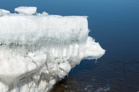 Spring flooding, ice water, Early spring on the river. Russia Tatarstan Kama river in early spring