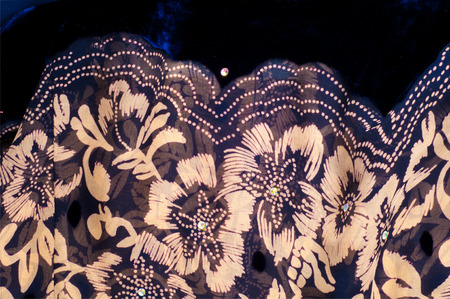 Texture silk cloth. dark blue with gold-painted flowers