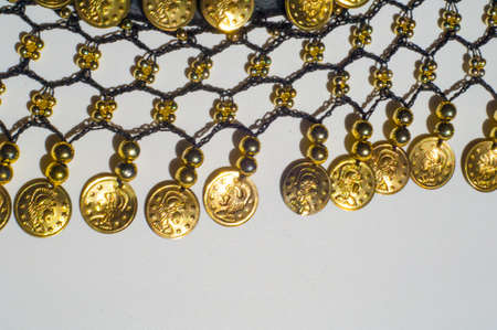 Silk fabric texture, blue, gold coins. Oriental styleの写真素材